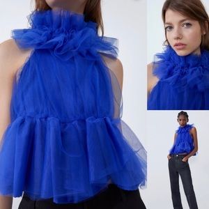 Zara blue tulle top NWT